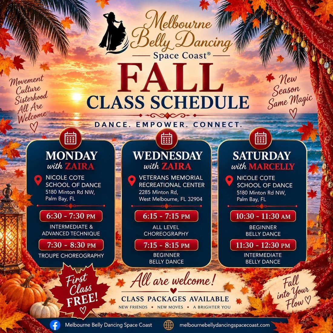 Fall class schedule flyer: Monday and Wednesday with Zaira, Saturday with Marcelly
